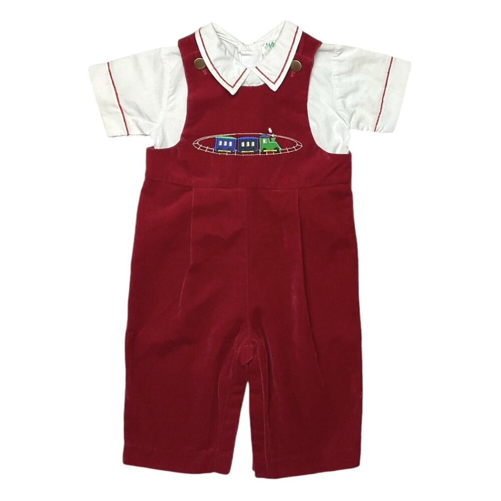 Eiseman Tiny Tots Vintage Holiday Velvet Overalls Outfit Red White 12 Mons